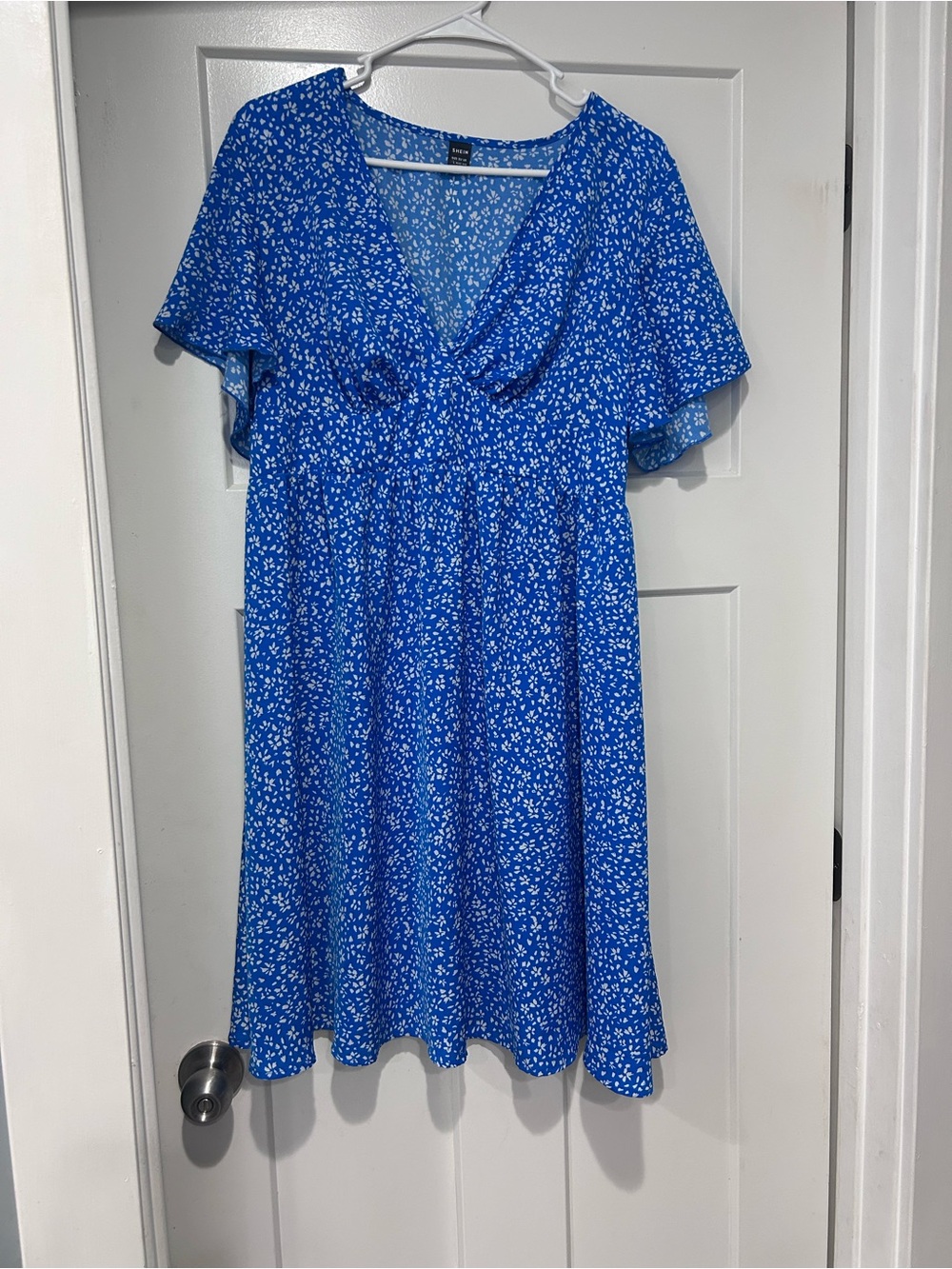 Blue Floral V-Neck Flutter Sleeve Dress by SHEIN